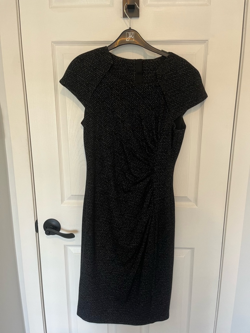 Joseph Ribkoff Black Shimmer Cap-Sleeve Ruched Sheath Dress